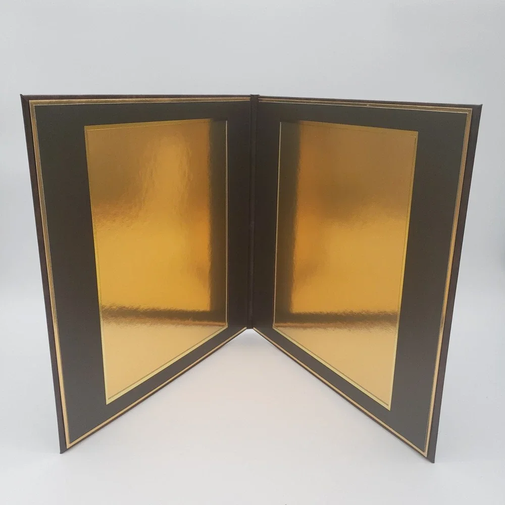 Professional Brown Faux Leather Dual Certificate Holder Gold Foil Award Folder